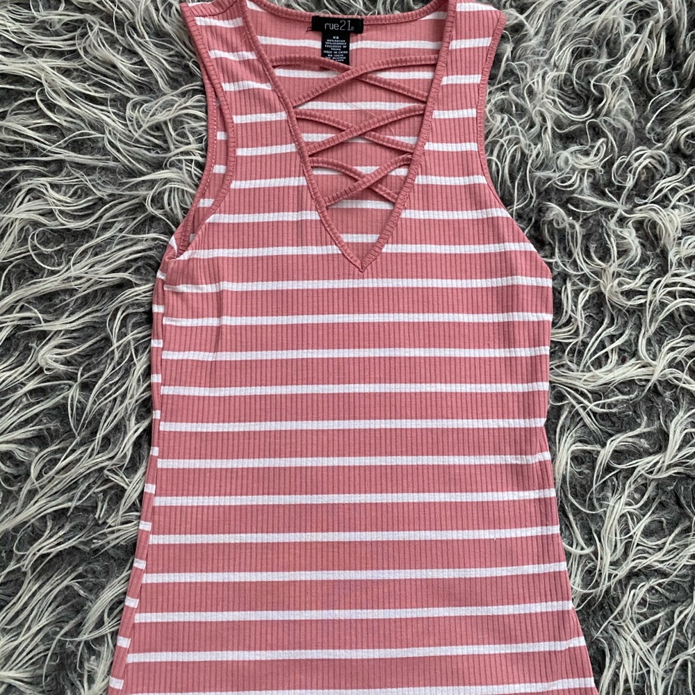 Lace up v neck striped ribbed tank